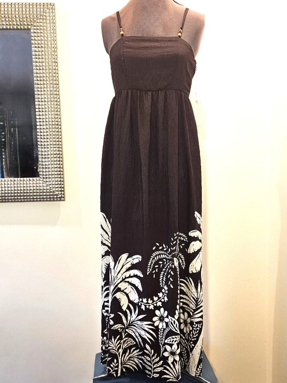 Calypso St Barth chocolate brown rayon-blend floral border midi dress sz XS NEW